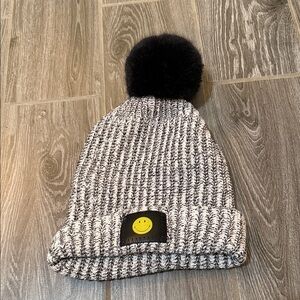 Love Your Melon Black and Gray heathered smiley Beanie with removable Pom